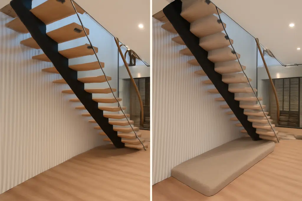 floating staircase carpeted, placed side by side with the original design