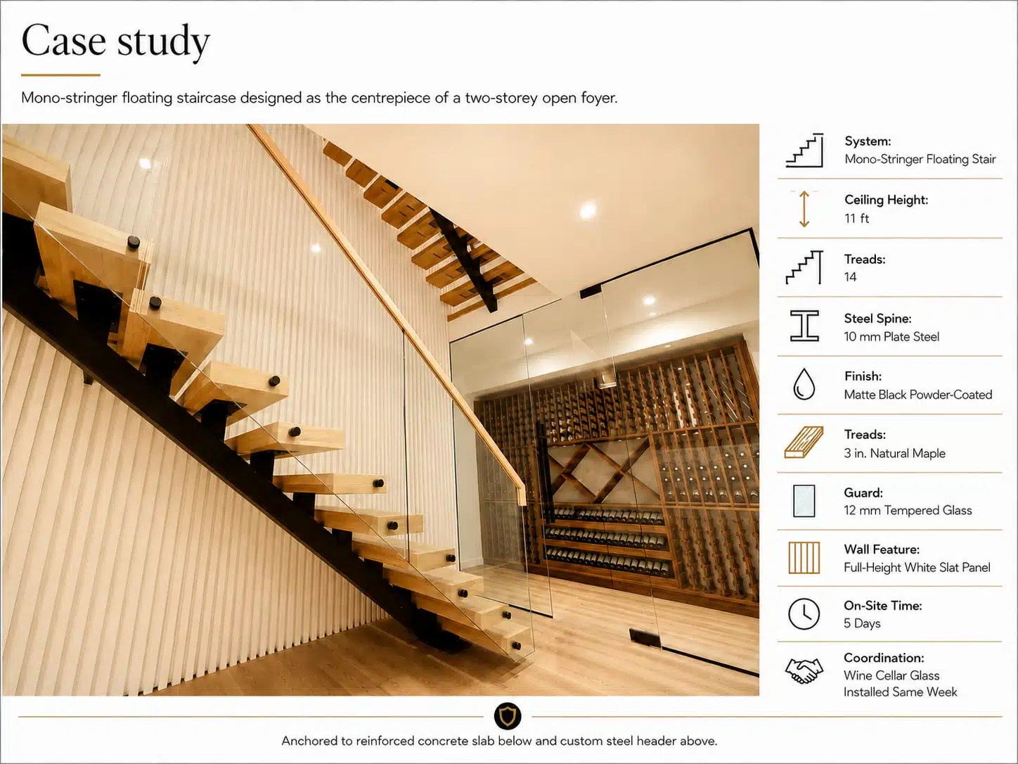Mono-stringer floating staircase, South Oakville custom build