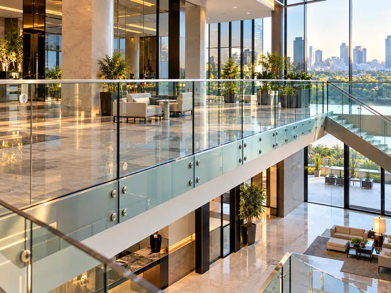 Commercial glass railing with stainless steel standoffs and a slim top rail along a mezzanine overlooking a bright marble lobby with city views