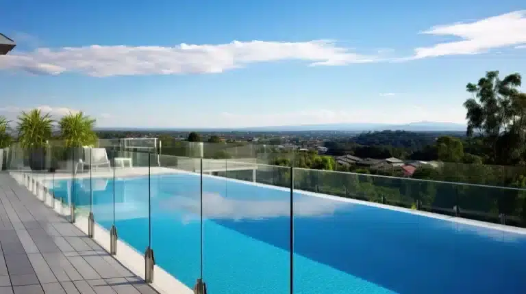 Frameless glass pool fencing on stainless steel spigots around an outdoor swimming pool with open views